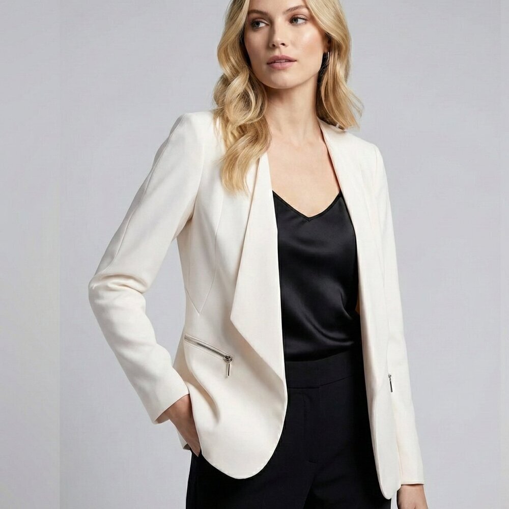 White House Black Market Cream Blazer with Silver Zippers